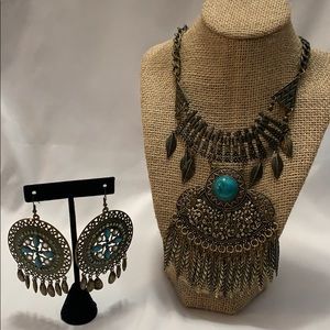 Bronze and turquoise necklace and earrings set